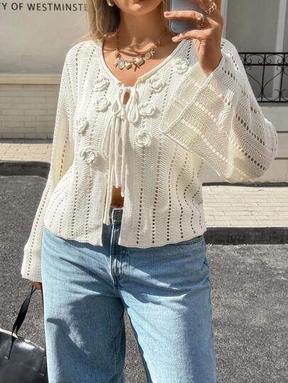 Lounesse Plus Size Casual Colorful Table Tennis Yarn Texture Tie-Up Bow Hollow Out Front Open Knitted Cardigan Jacket, Sun-Proof In Fall/Winter