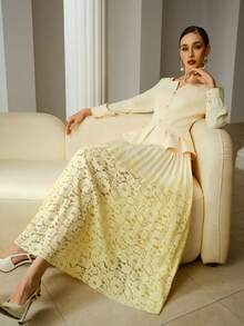 ZEYLAH Elegant Lace Patchwork Long Dress For Women - Yellow - View 1