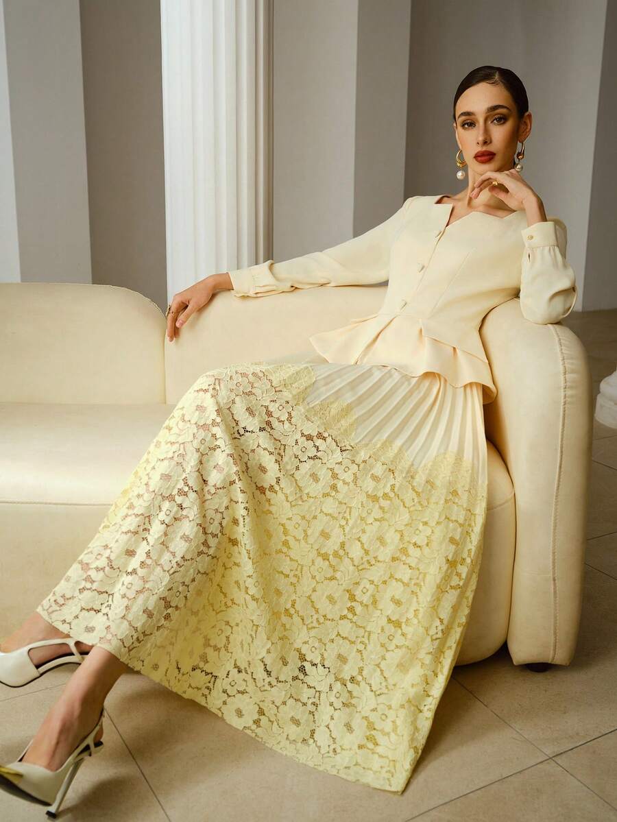 ZEYLAH Elegant Lace Patchwork Long Dress For Women - Yellow - View 1
