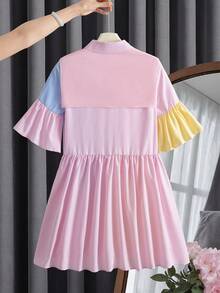 SHEIN 两件套少女休闲时尚衬衫裙+披肩套装，多色条纹撞色衬衫裙，喇叭袖，中长款连衣裙，适合度假、日常穿着、上学等场合。 - 彩色 - 查看 2