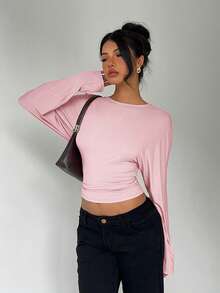 Aloruh Women's Autumn/Winter Bat Wing Long Sleeve Fitted T-Shirt - Pink - View 8