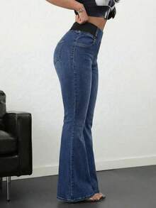 SHEIN Tall 女士休闲修身弹力喇叭裤 蓝色修身牛仔裤 高腰喇叭裤 高个女士牛仔裤 夏季 - 中等水洗藍 - 查看 3