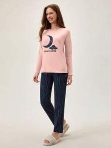 Loomlin 2pcs Cotton Contrast Colour Moon Printed Shirt And Star Printed Sleep Bottom PJ Set - Baby Pink - View 3