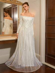 Poshira Luxury Beaded Sparkling Evening Gown, High-End Formal Dress, Elegant Dignified Lady Style - Apricot - View 7