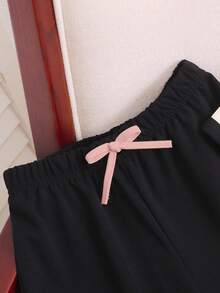SHEIN 2pcs Tween Girl Contrast Color V-Neck Short Sleeve Shirt And Casual Pants Set - Pink - View 6