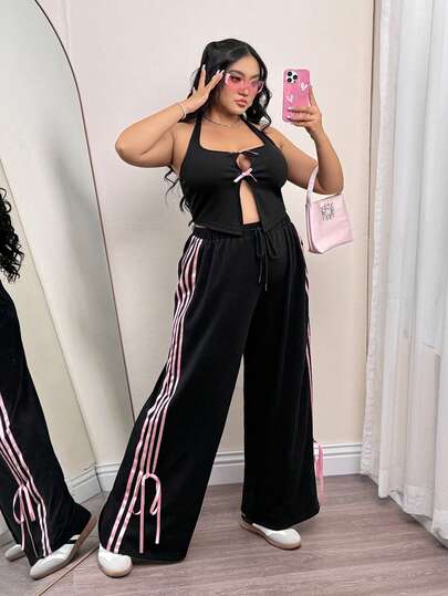 SHEIN X LOS FAVORITOS DE LA FATSHIONISTA SHEIN ICON Plus Size Color Block Straight Leg Casual Sweatpants, Bowknot Color Block Drawstring Sports Trousers, Y2K Collegiate Style Pants