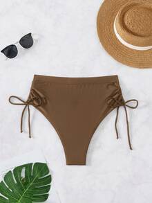 Swim Chiccia Quần bikini nữ màu trơn có dây rút bên hông và nhún bèo - màu nâu - Xem 4