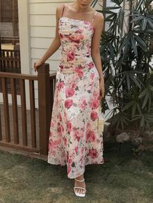 Livesso Conjunto de 2 piezas de blusa con nudo y falda casual estampada para mujer, adecuado para bodas, graduaciones y otros eventos bohemios - Rojo - Ver 5