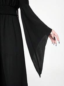 ROMWE Goth 女士哥特式露肩喇叭袖收腰连衣裙 - 黑色 - 查看 4