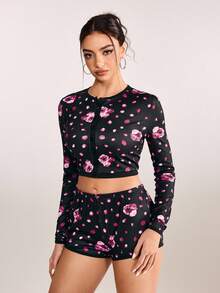 plantica 2pcs Casual Sexy Urban Chic Floral Print Velvet Crop Top And Shorts Set, Suitable For Outings, Travel, Dates, Parties, Festivals, Valentine's Day, Spring/Summer,Going Out,Sexy, Elegant,, Wedding Guest, Music Festival, Musician, Night Club - Multicolor - View 3