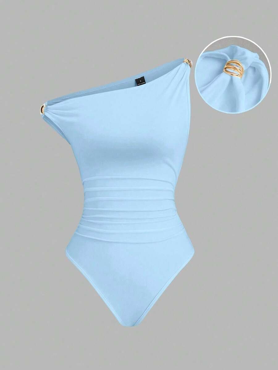 Sweetra Metal Decor Ruched Casual Bodysuit, Versatile For Spring/Summer,One Shoulder Bodysuit - Baby Blue - View 1