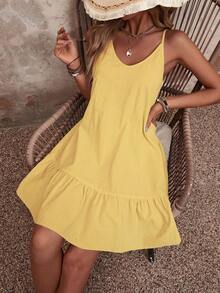 SHEIN VCAY Vestido casual de verano de unicolor con volantes en los tirantes - Amarillo claro - Ver 7