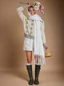 WESTFADE 拼接圆领花卉刺绣混针长袖套头针织毛衣，可爱秋季上衣，休闲波西米亚风女装，乡村西部音乐会风格，秋季，冬日 - 灰色 - 查看 3