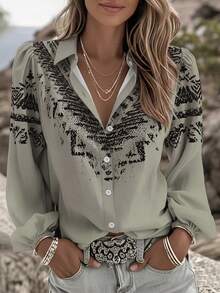 Zayélia Áo kiểu nữ tay dài cổ bẻ cài cúc đơn, in họa tiết hoa cổ điển, đa năng, thích hợp mặc hàng ngày. - Nhiều màu - Xem 1