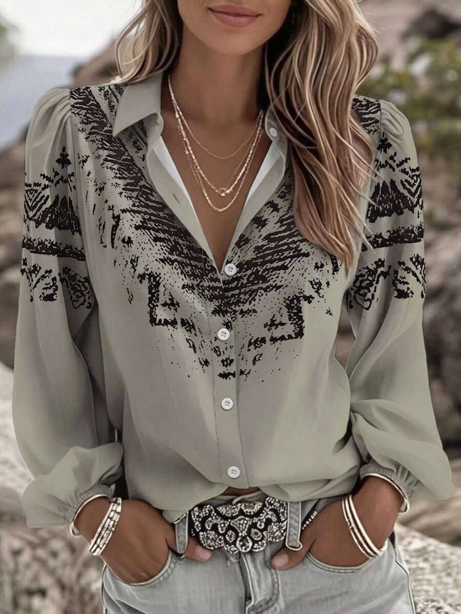 Zayélia Áo kiểu nữ tay dài cổ bẻ cài cúc đơn, in họa tiết hoa cổ điển, đa năng, thích hợp mặc hàng ngày. - Nhiều màu - Xem 1