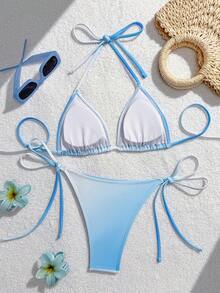 Swim Mod Conjunto de bikini de mujer con bordado floral degradado, con atar en el cuello, cuentas, traje de baño triangular para playa y vacaciones - Multicolor - Ver 2