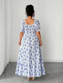 Elenzga 大码女式方领泡泡袖系腰喇叭下摆印花连衣裙，优雅户外穿着 - 藍色 - 查看 2