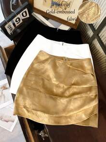 Franclia 女士优雅浅金色百褶A字迷你裙，百搭时尚休闲裙，适合夏季、海滩、音乐节、约会、日常穿着、情人节、派对等场合。 - 金色 - 查看 3