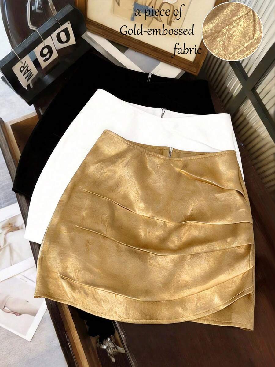 Franclia Women's Elegant Light Gold Pleated A-Line Mini Skirt, Versatile Fashion Casual Skirt Suitable For Summer, Beach, Music Festival, Date, Daily Wear, Valentine's Day, Party - Gold - View 1
