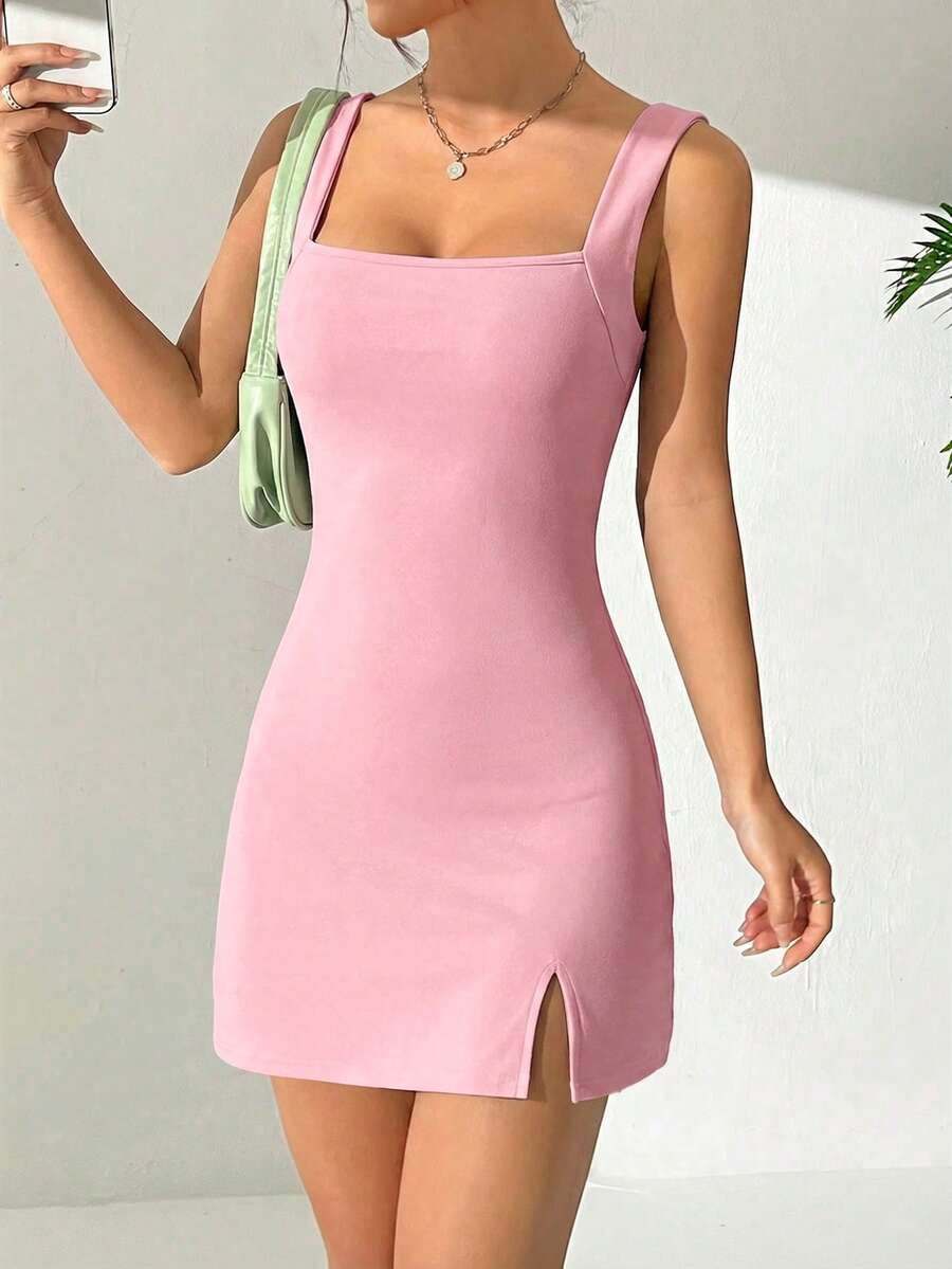 SHEIN EZwear 粉色高开衩无袖连衣裙,女士夏季连衣裙 - 粉色 - 查看 1