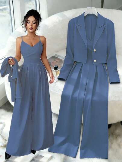 Elenzga New Women's Woven Fabric Spaghetti Strap Backless Adjustable Strap Wide Leg Jumpsuit With Notched Collar Long Sleeve Jacket, Commuter Versatile Elegant Young Lady 2-Piece Set, Autumn/Winter