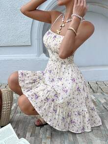Serisse Women's Floral Print Elegant Waist Cinched Party Cocktail Mini Dress - Mauve Purple - View 4
