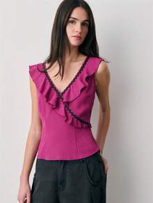 Nöista Sleeveless Top Features A V-Neckline Adorned With A Ruffled Trim Edged In Black. Spring, Summer, Easter. - Purple - View 4