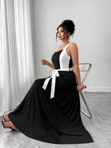 Elenzga Plus Size Women's New Elegant Contrast Color Square Neck Bodycon Jumpsuit, Suitable For Work And Everyday Wear Black Dress With White Trim Black And White Dress Women Elegant Long Black And White Dress - Multicolor - View 6