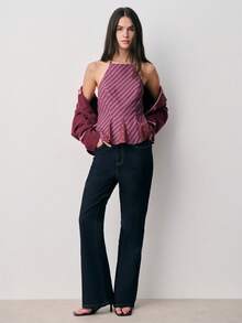 Nöista Halter Top With Bold Diagonal Stripes And Polka Dot Accents, With A Flattering Peplum Hem And Adjustable Neck Tie. Spring, Summer, Casual, Dressy Occasions. - Rust Brown - View 3