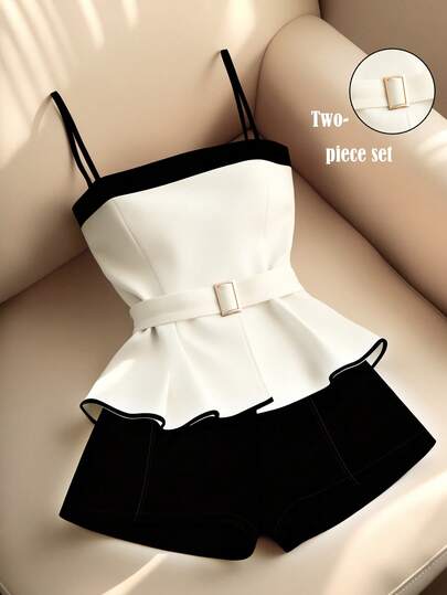 Franclia 新款时尚优雅黑白金属装饰搭扣露脐上衣和修身短裤套装，百搭办公/休闲装，女士春夏两件套，女士春夏套装，女士度假旅行装