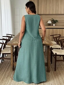 Weeklong Conjunto de dos piezas talla grande en color fucsia - Top sin mangas con cuello en V y detalle de botones y falda maxi, de moda para uso diario, ir a la oficina, primavera y verano - Verde - Ver 2