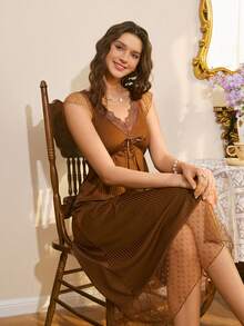 Elegant Lace Slip Dress, Mature Southern French Style - Brown - View 4