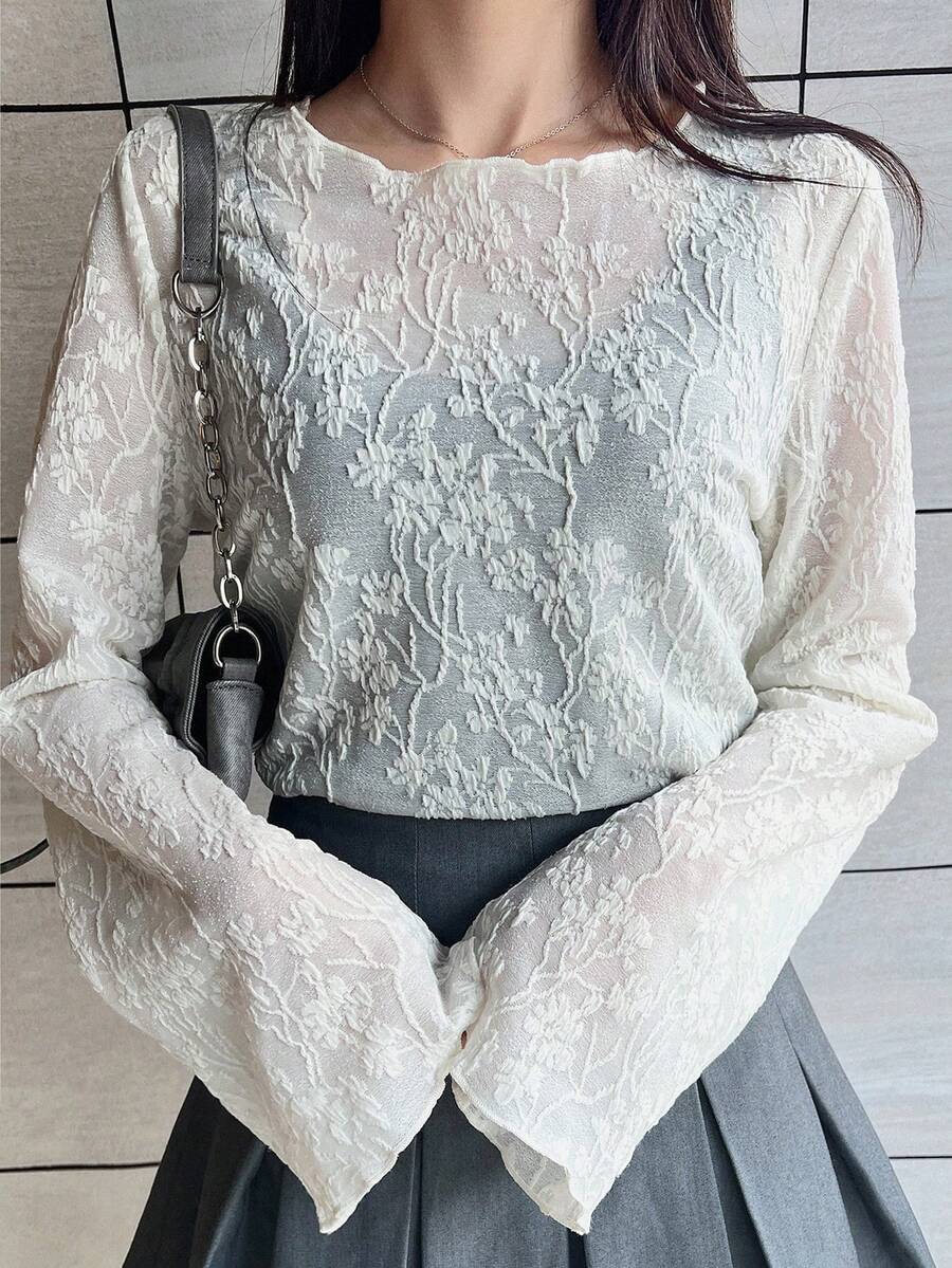 FRIFUL Women's Solid Beige Patchwork Sheer Lace Fabric Flared Sleeve Loose Casual Versatile Blouse - Beige - View 1