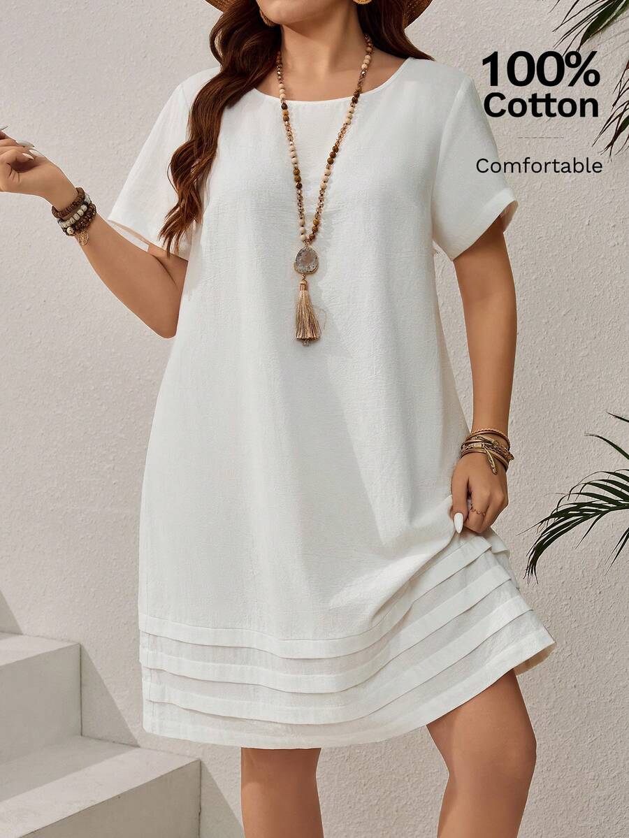 EMERY ROSE Plus Size Solid Color Short Sleeve Casual Vacation Dress,Summer Outfits For Women/Summer,Tropical Vacation Woman Clothes - White - View 1
