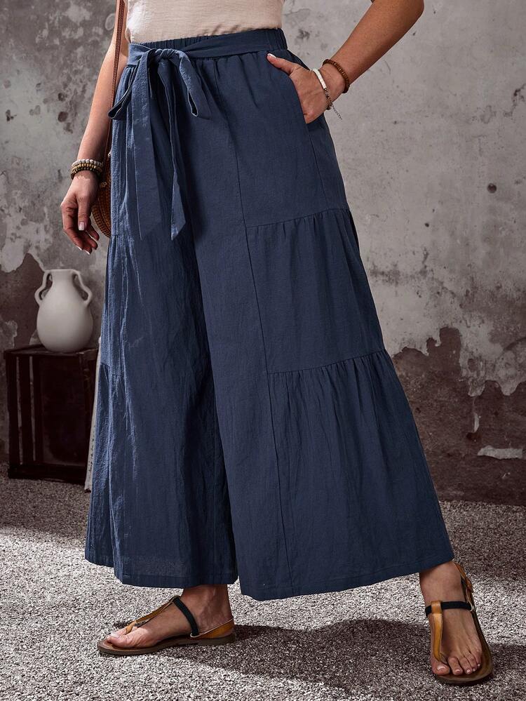 Plus Size Women's Summer Casual Vacation Country Tie-Up Solid Color Navy Blue Wide Leg Pants With Pockets, Summer Holiday,Spring Break, Vacation Women, Holiday For Women,Going Out,2026 New,Simple And Fashionable For Everyday Wear,Boho Pants For Women, Wide Leg Pants, Bohemia Pants Wide Leg Summer Pants Women Wide Leg Pants, Loose Pants For Women, Pants Women,Suitable For Summer, Vacation, Commute, Daily Wear