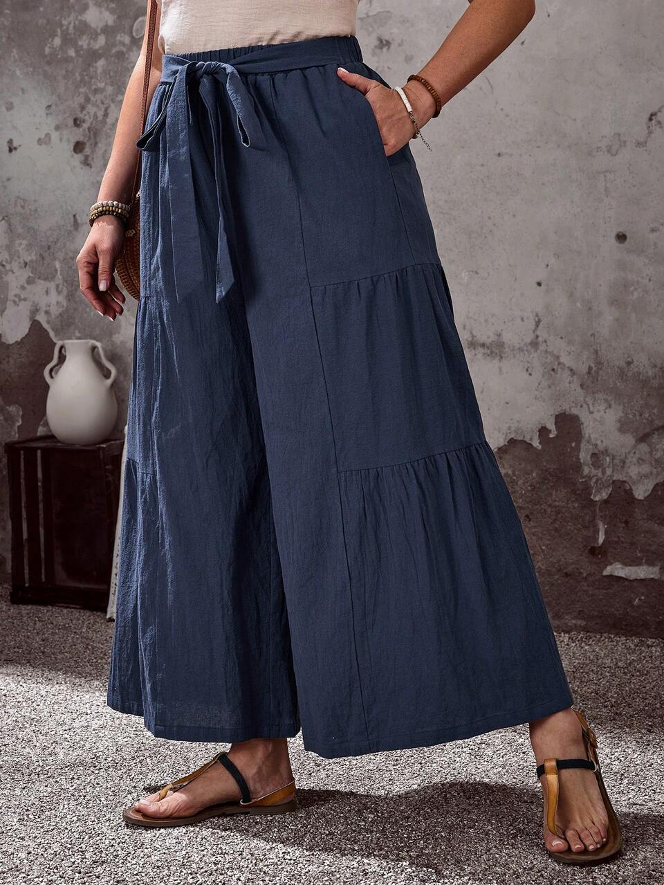 Plus Size Women's Navy Blue Wide Leg Pants With Pockets,100% Cotton Tie-Up Casual Loose Boho Pants,Autumn Holiday Summer Vacation Fashion