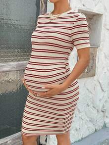 SHEIN 孕妇条纹圆领短袖修身休闲连衣裙 - 彩色 - 查看 3