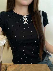 DAZY 女士休闲波点印花蝴蝶结装饰短袖T恤，夏季 - 黑色 - 查看 1