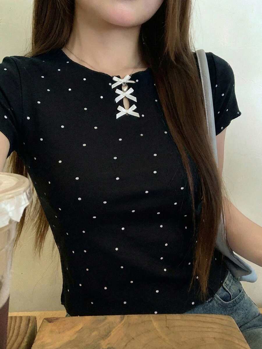 DAZY 女士休闲波点印花蝴蝶结装饰短袖T恤，夏季 - 黑色 - 查看 1