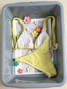 Swim Mod Damen-Bikini aus blassgelbem Badeanzugstoff mit Trägern, schlichtem Design, hoch geschnittenem Unterteil und Schnürdetails - Gänsegelb - Übersicht 5