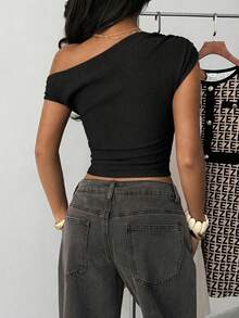 Áo thun cổ lệch màu trơn, kiểu dáng thường ngày cho nữ tuổi teen, thích hợp mặc mùa hè. - màu đen - Xem 2