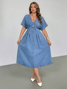 Auralis 大码女式V领短袖金属3D花卉装饰时尚牛仔连衣裙，春夏情人节嘉年华服装通勤度假毕业时尚Y2K可爱街头风派对婚礼优雅商务休闲女式大码牛仔连衣裙优雅V领褶皱水洗牛仔中长连衣裙 - 藍色 - 查看 7