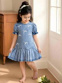 Young Girl' White Ribbon Bow Accent Blue Denim Ruffle Trim Puff Sleeve Dress - Light Wash - View 2