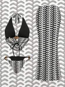 Swim Oasis 夏季海滩度假女士露背吊带特殊面料上衣，侧系带裤子，侧系带泳衣和裙子 - 彩色 - 查看 2