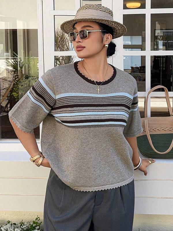 Dazy Plus Fashionable Color Block Round Neck Casual Versatile Short Sleeve Knit Top, Spring/Summer