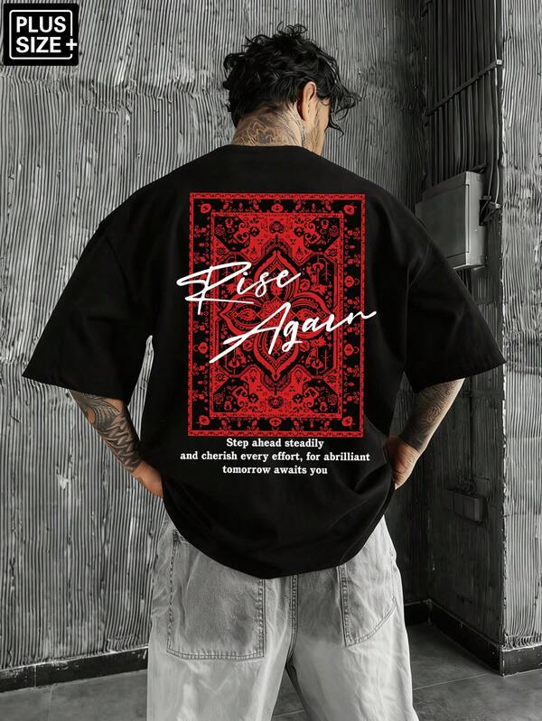 Manfinity LEGND Plus Size Men's Letter & Graphic Print Black Casual Short Sleeve T-Shirt