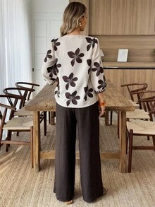 Elouméa 女士休闲度假V领印花短袖衬衫和阔腿裤两件套，春夏款 - 彩色 - 查看 2