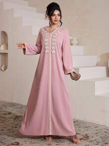 Al Najma Elegante cárdigan con capucha de manga larga, de corte holgado y con adorno de encaje floral para mujeres - Rosa - Ver 6
