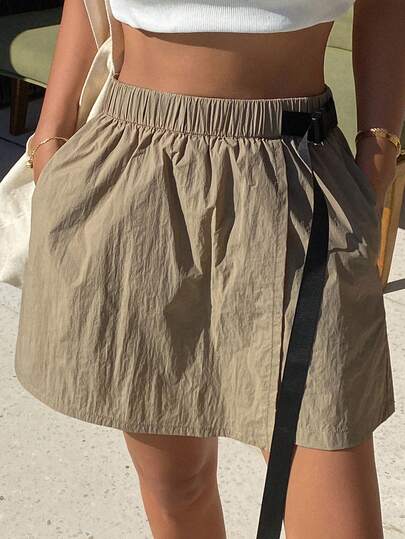 DAZY Women's Patchwork Waistband A-Line Short Skirt Pants, Oblique Lapel Casual Sports Shorts, Spring/Summer