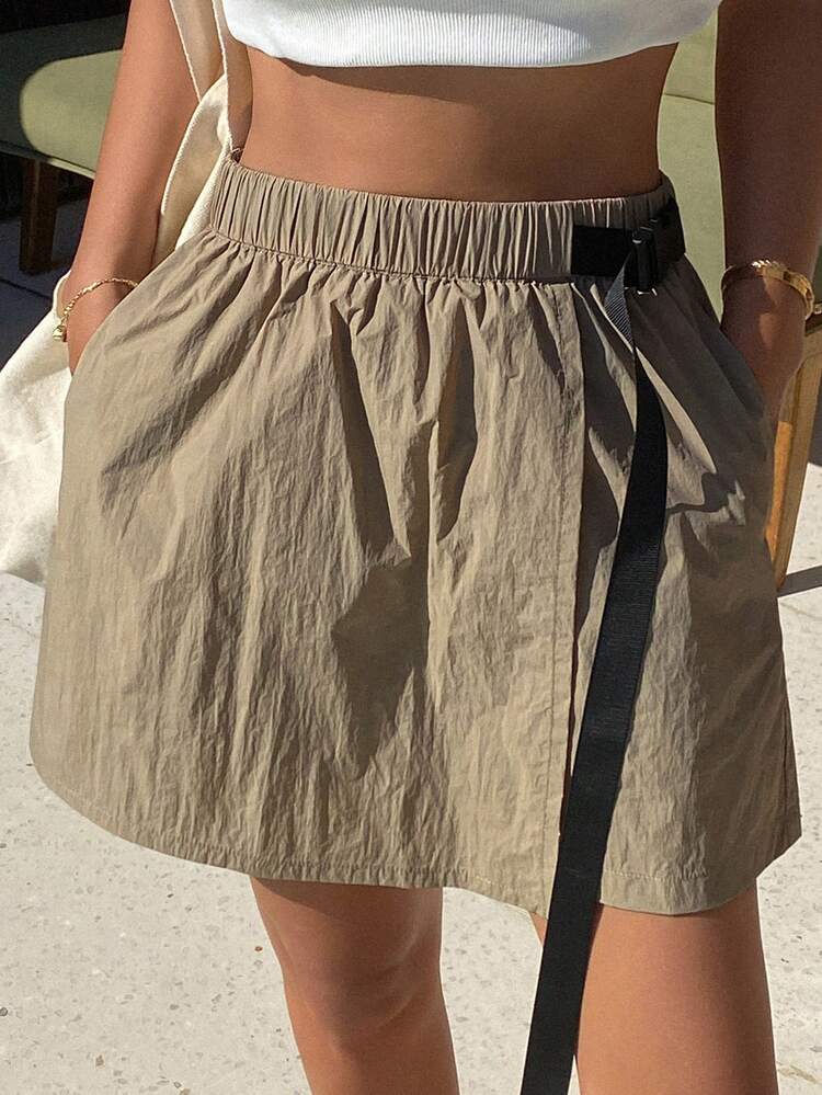 Women's Patchwork Waistband A-Line Short Skirt Pants, Oblique Lapel Casual Sports Shorts, Spring/Summer